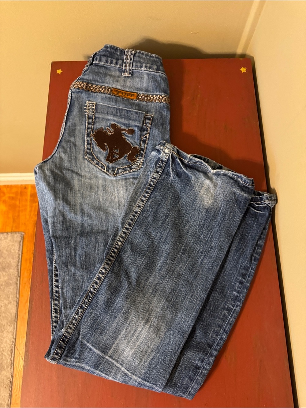 Cowgirl Tuff Women's Blue Boot Cut Jeans with Bucking Horse Pocket